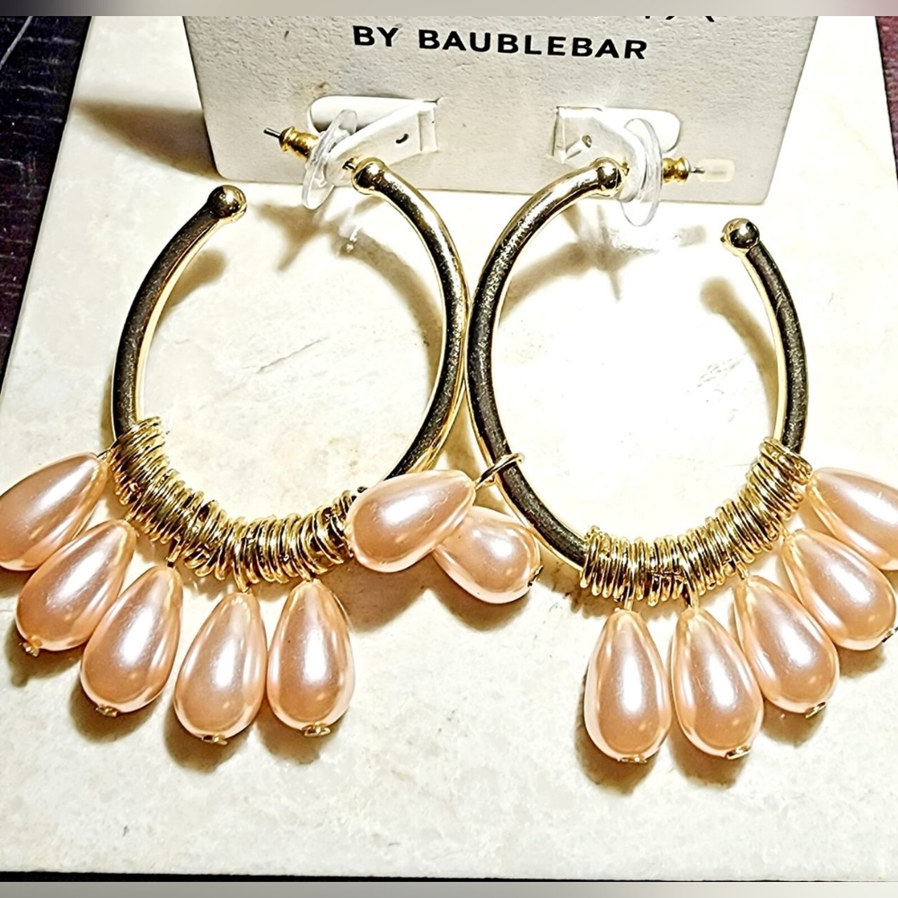 Sugarfix gold tone hoops with soft Pink dang teardrop beads earrings